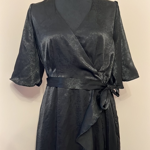 Lulu’s Wrapped Up In Love Black Satin Faux-Wrap Midi Dress - Picture 2 of 4